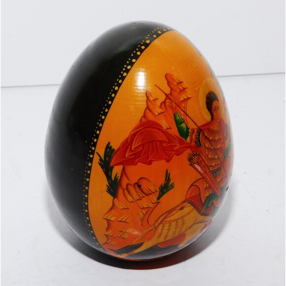 Rare Russian Orthodox St. George the Victorious Wood Egg Hand Painted Vintage - Picture 6 of 9